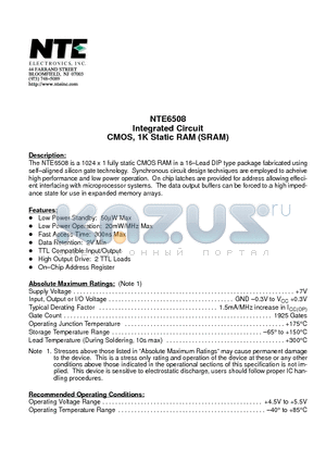 NTE6508 datasheet - Integrated Circuit CMOS, 1K Static RAM (SRAM)