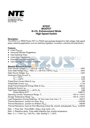 NTE67 datasheet - MOSFET N-Ch, Enhancement Mode High Speed Switch