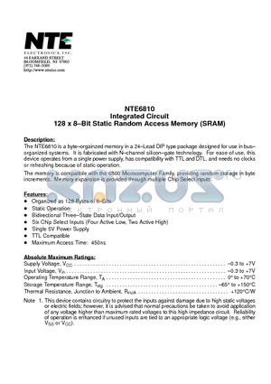 NTE6810 datasheet - Integrated Circuit 128 x 8-Bit Static Random Access Memory (SRAM)