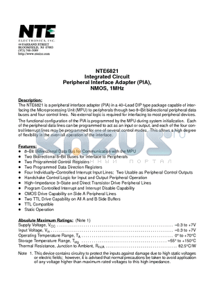 NTE6821 datasheet - Integrated Circuit Peripheral Interface Adapter (PIA), NMOS, 1MHz