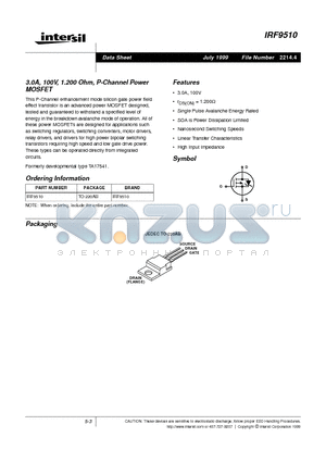 IRF9510 datasheet - 3.0A, 100V, 1.200 Ohm, P-Channel Power MOSFET