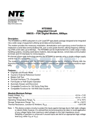 NTE6860 datasheet - Integrated Circuit NMOS - FSK Digital Modem, 600bps