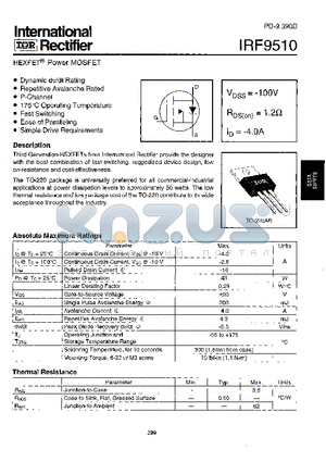 IRF9510 datasheet - Power MOSFET(Vdss=-100V, Rds(on)=1.2ohm, Id=-4.0A)