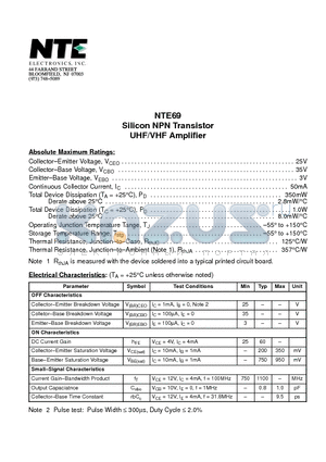 NTE69 datasheet - Silicon NPN Transistor UHF/VHF Amplifier
