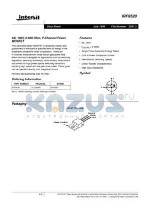 IRF9520 datasheet - 6A, 100V, 0.600 Ohm, P-Channel Power MOSFET