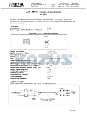 LL1574 datasheet - AES - DATS conversion transformer