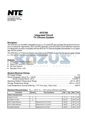 NTE700 datasheet - Integrated Circuit TV Chroma System