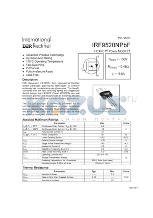 IRF9520NPBF datasheet - HEXFET POWER MOSFET