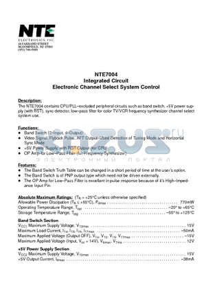 NTE7004 datasheet - Integrated Circuit Electronic Channel Select System Control