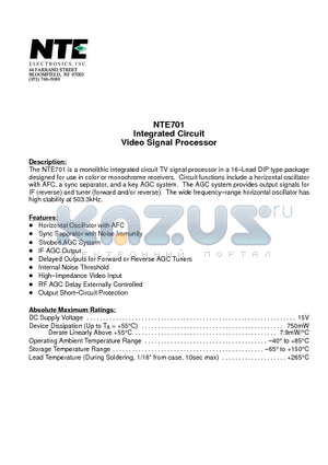 NTE701 datasheet - Integrated Circuit Video Signal Processor