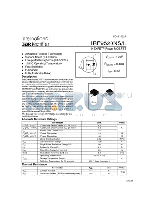 IRF9520NS datasheet - Power MOSFET(Vdss=-100V, Rds(on)=0.48ohm, Id=-6.8A)
