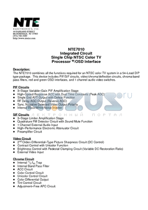 NTE7010 datasheet - Integrated Circuit Single Chip NTSC Color TV Processor w/OSD Interface