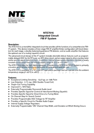 NTE7016 datasheet - Integrated Circuit FM IF System