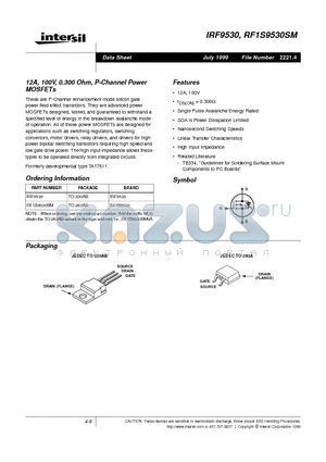 IRF9530 datasheet - 12A, 100V, 0.300 Ohm, P-Channel Power MOSFETs