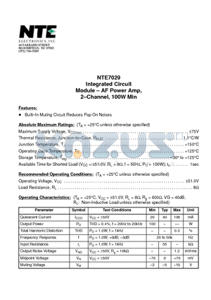 NTE7029 datasheet - Integrated Circuit Module - AF Power Amp, 2-Channel, 100W Min