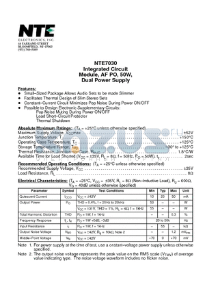 NTE7030 datasheet - Integrated Circuit Module, AF PO, 50W, Dual Power Supply