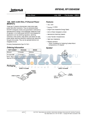 IRF9540 datasheet - 19A, 100V, 0.200 Ohm, P-Channel Power MOSFETs