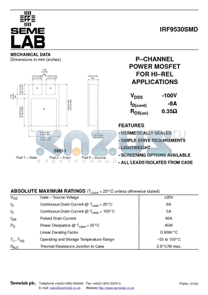 IRF9530S datasheet - P-CHANNEL POWER MOSFET FOR HI.REL APPLICATIONS