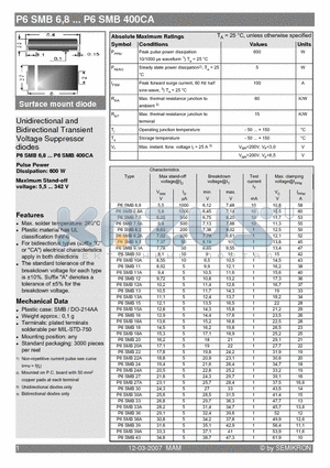 P6SMB14A datasheet - Unidirectional and Bidirectional Transient Voltage Suppressor diodes