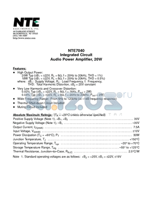 NTE7040 datasheet - Integrated Circuit Audio Power Amplifier, 20W