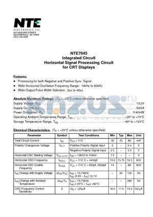 NTE7045 datasheet - Integrated Circuit Horizontal Signal Processing Circuit for CRT Displays