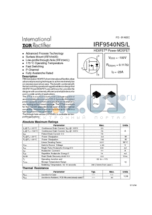 IRF9540NL datasheet - Power MOSFET(Vdss=-100V, Rds(on)=0.117ohm, Id=-23A)