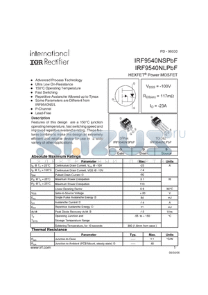 IRF9540NLPBF datasheet - HEXFET POWER MOSFET (VDSS = -100V , RDS(on) = 117mY , ID = -23A )