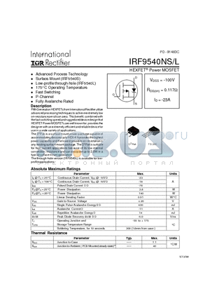 IRF9540NS datasheet - Power MOSFET(Vdss=-100V, Rds(on)=0.117ohm, Id=-23A)