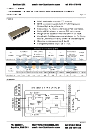 LU5Y041XLF datasheet - 15 RJ45 CONNECTOR MODULE WITH INTEGRATED 10/100 BASE-TX MAGNETICS