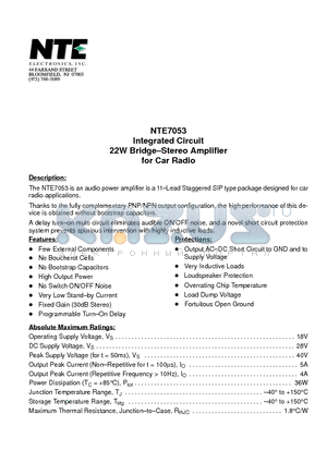 NTE7053 datasheet - Integrated Circuit 22W Bridge-Stereo Amplifier for Car Radio