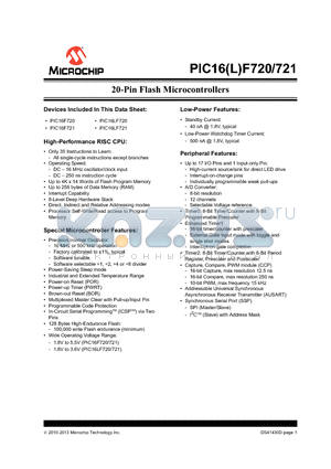 PIC16F722A datasheet - 20-Pin Flash Microcontrollers