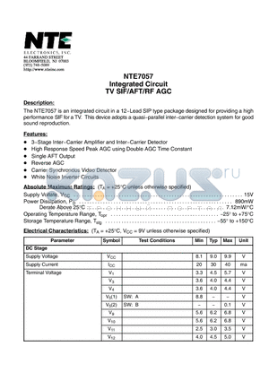 NTE7057 datasheet - Integrated Circuit TV SIF/AFT/RF AGC