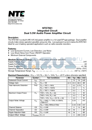 NTE7061 datasheet - Integrated Circuit Dual 5.3W Audio Power Amplifier Circuit