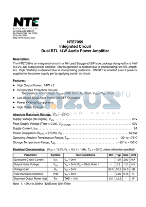 NTE7059 datasheet - Integrated Circuit Dual BTL 14W Audio Power Amplifier