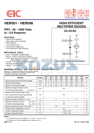 HER507 datasheet - HIGH EFFICIENT RECTIFIER DIODES