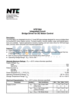 NTE7064 datasheet - Integrated Circuit Bridge Driver for DC Motor Control