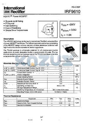 IRF9610 datasheet - Power MOSFET(Vdss=-200V, Rds(on)=3.0ohm, Id=-1.8A)
