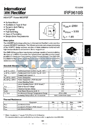 IRF9610S datasheet - Power MOSFET(Vdss=-200V, Rds(on)=3.0ohm, Id=-1.8A)