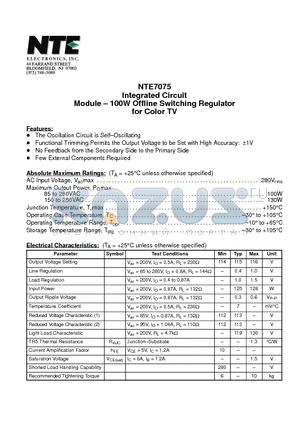 NTE7075 datasheet - Integrated Circuit Module - 100W Offline Switching Regulator for Color TV