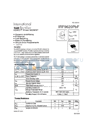 IRF9620PBF datasheet - HEXFET Power MOSFET
