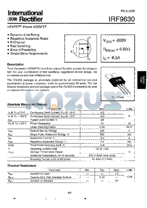 IRF9630 datasheet - Power MOSFET(Vdss=-200V, Rds(on)=0.80ohm, Id=-6.5A)
