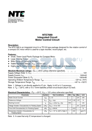 NTE7089 datasheet - Integrated Circuit Motor Control Circuit