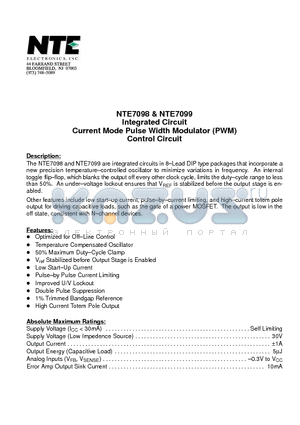 NTE7098 datasheet - Integrated Circuit Current Mode Pulse Width Modulator (PWM) Control Circuit