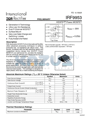 IRF9953 datasheet - Power MOSFET(Vdss=-30V, Rds(on)=0.25ohm)