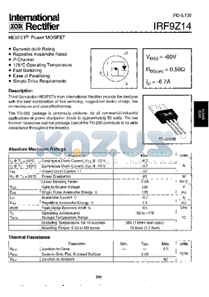 IRF9Z14 datasheet - Power MOSFET(Vdss=-60V, Rds(on)=0.50ohm, Id=-6.7A)