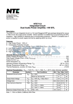 NTE7113 datasheet - Integrated Circuit Dual Audio Power Amplifier, 14W BTL