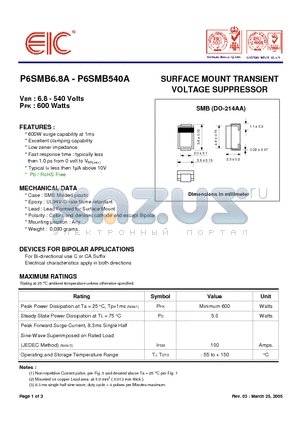 P6SMB15A datasheet - SURFACE MOUNT TRANSIENT VOLTAGE SUPPRESSOR