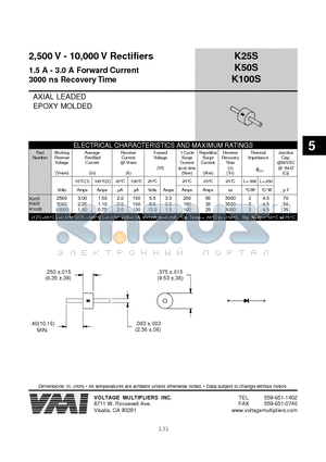 K25S datasheet - 2,500 V - 10,000 V Rectifiers