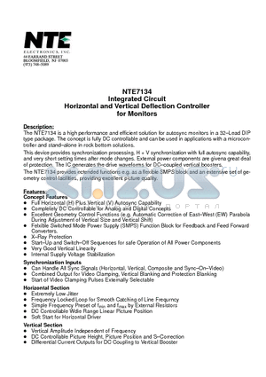 NTE7134 datasheet - Integrated Circuit Horizontal and Vertical Deflection Controller for Monitors