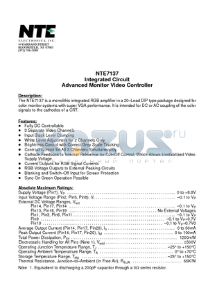 NTE7137 datasheet - Integrated Circuit Advanced Monitor Video Controller